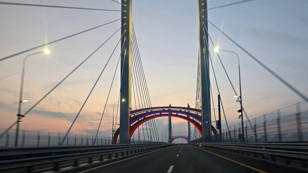 Архитектурные элементы моста через Оку трассы М-12 в Муроме подсветили цветами российского флага
