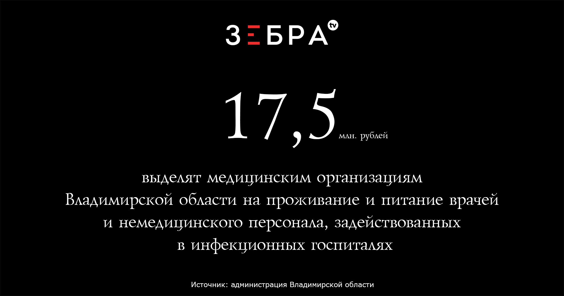17,5 миллиона рублей – выделят медицинским организациям Владимирской области на проживание и питание врачей и немедицинского персонала, задействованных в инфекционных госпиталяхИсточник: администрация Владимирской области