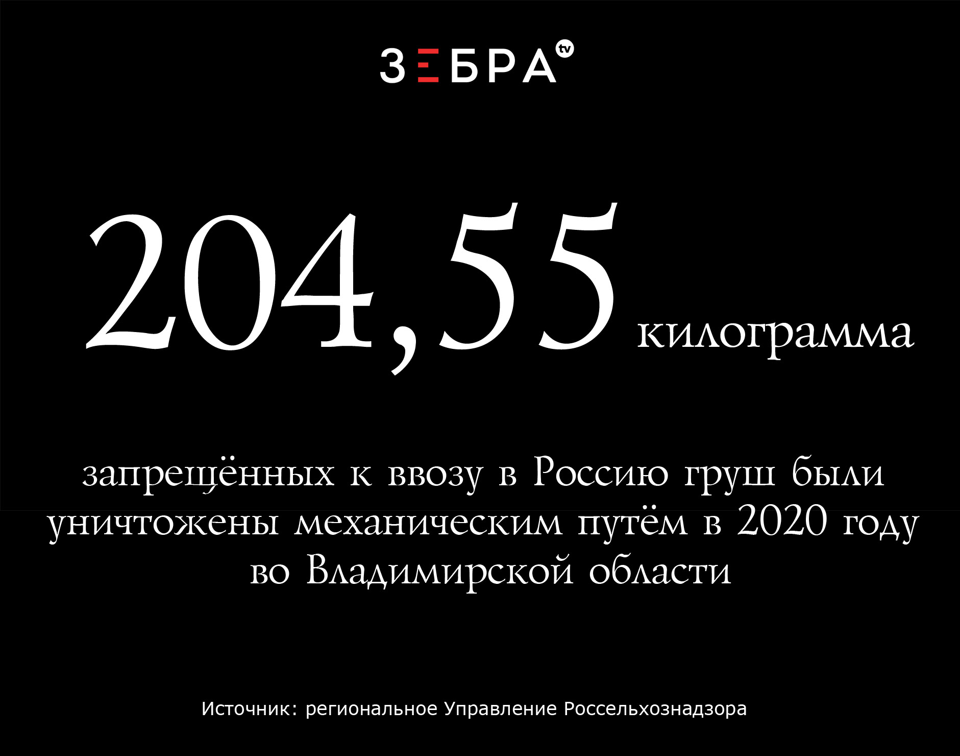 204,55 килограмма запрещённых к ввозу в Россию груш были уничтожены механическим путём в 2020 году во Владимирской области. Источник: региональное Управление Россельхознадзора